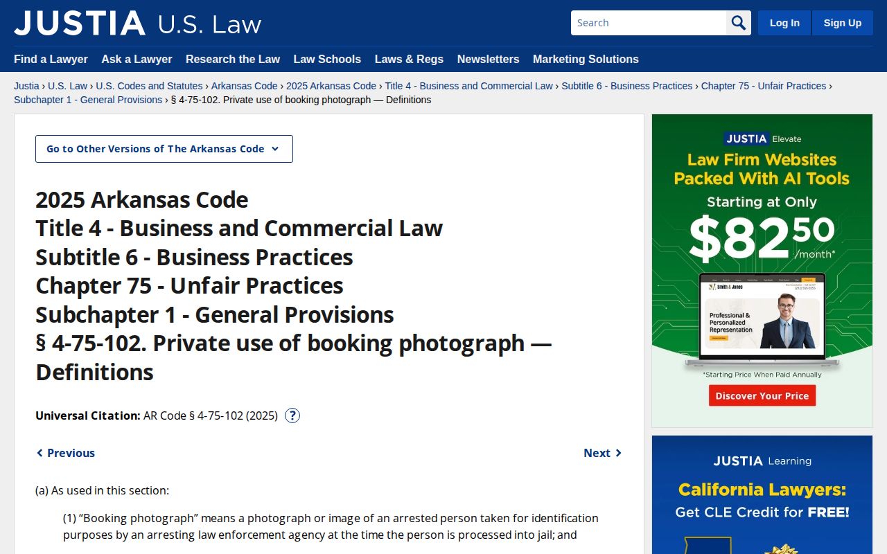 Arkansas Code section 4-75-102 governing booking photograph publication