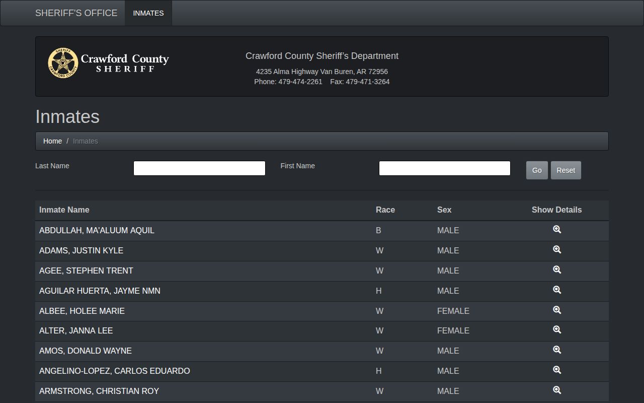 Crawford County Sheriff official inmate roster search interface