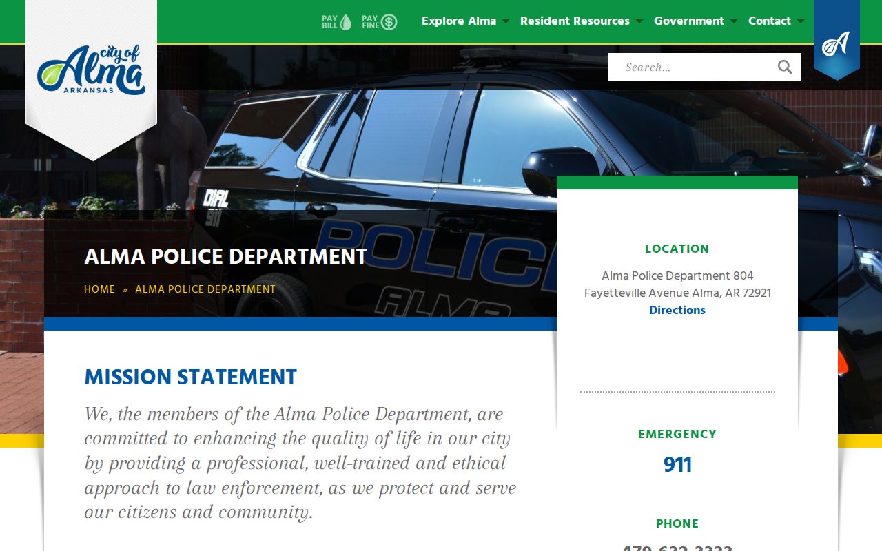 Official Alma Police Department webpage showing police and report information