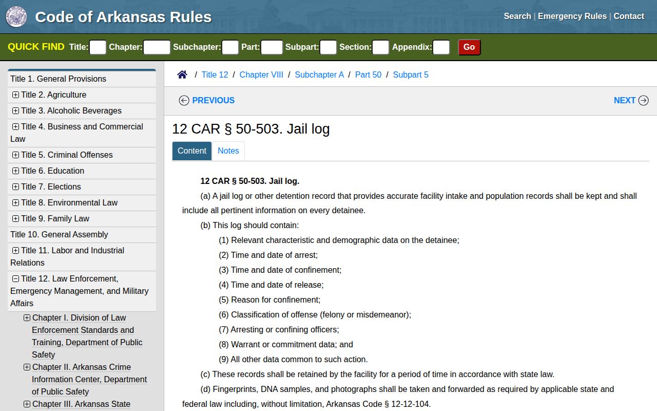 Arkansas jail standards describing Crawford County arrest log record fields